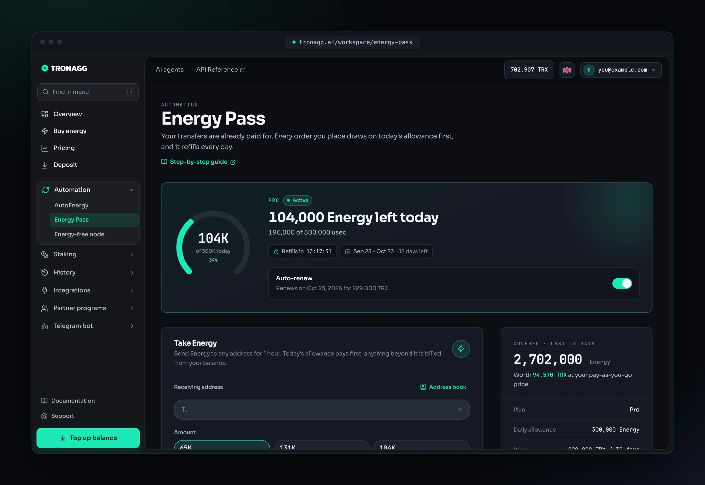 An active Pro pass: 104,000 Energy left today out of 300,000, a countdown to the next refill, the period dates with 18 days left, and the auto-renew switch with the next renewal date and price.