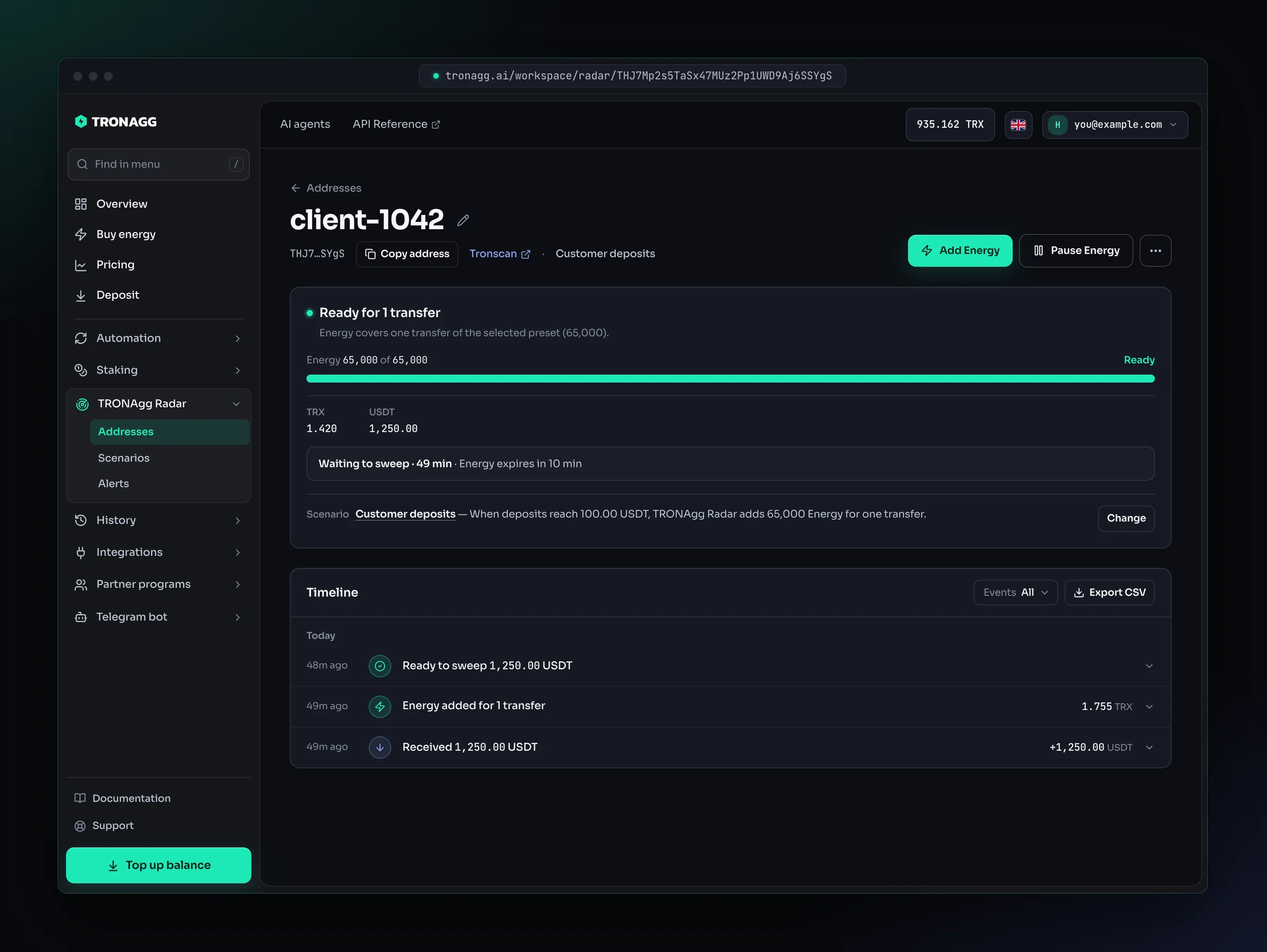 The page of client-1042: Ready for 1 transfer with 65,000 of 65,000 Energy, its TRX and USDT balances, waiting to sweep for 49 minutes with the Energy expiring in 10 minutes, the Customer deposits scenario (when deposits reach 100.00 USDT, add 65,000 Energy for one transfer) with a Change button, and a timeline: received 1,250.00 USDT, Energy added for 1 transfer for 1.755 TRX, ready to sweep.