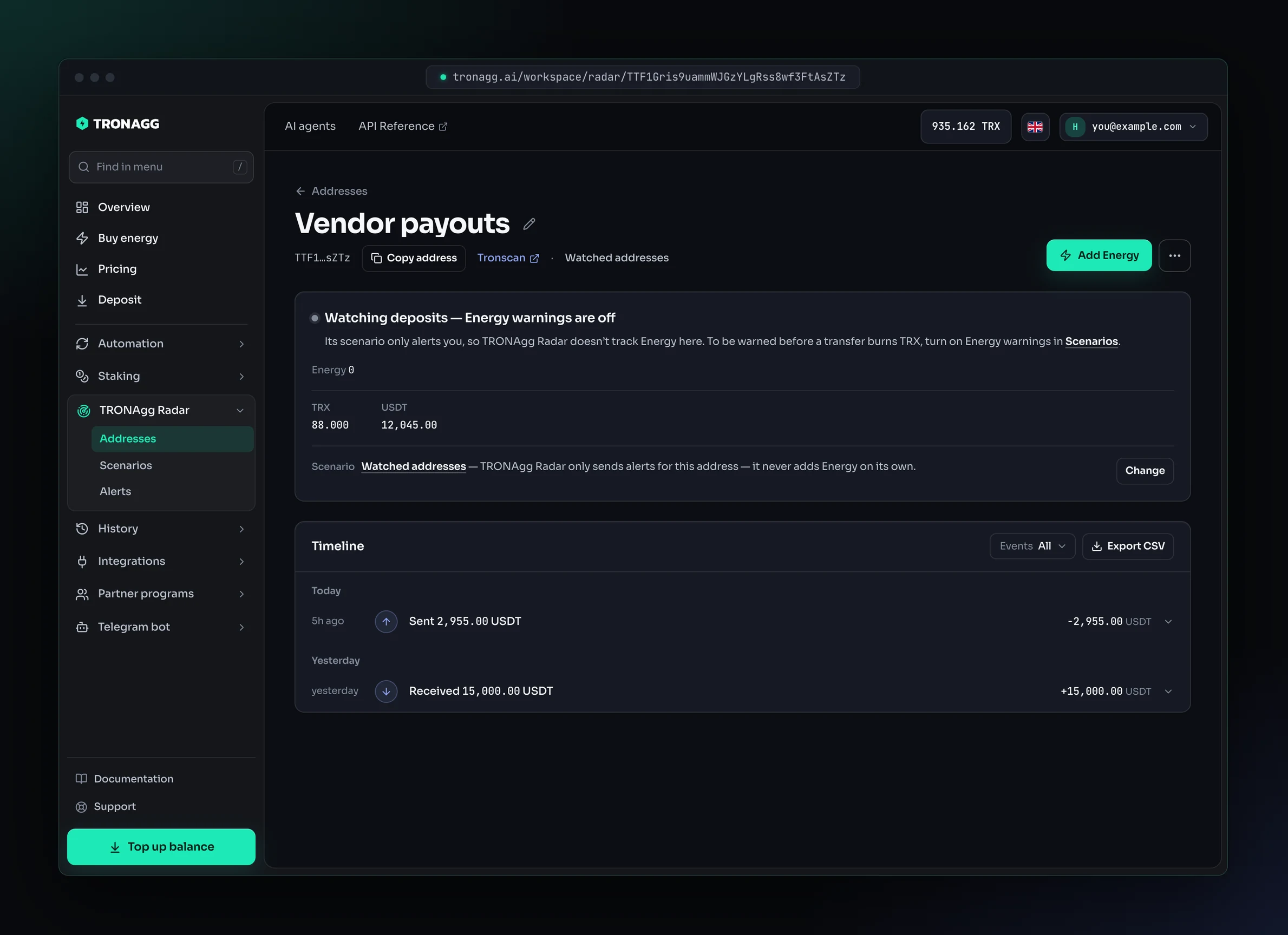 The page of the address Vendor payouts in the Watched addresses scenario: Watching deposits — Energy warnings are off, Energy 0, its TRX and USDT balances, the scenario line saying TRONAgg Radar only sends alerts for this address, an Add Energy button, and a timeline with 15,000.00 USDT received yesterday and 2,955.00 USDT sent today.