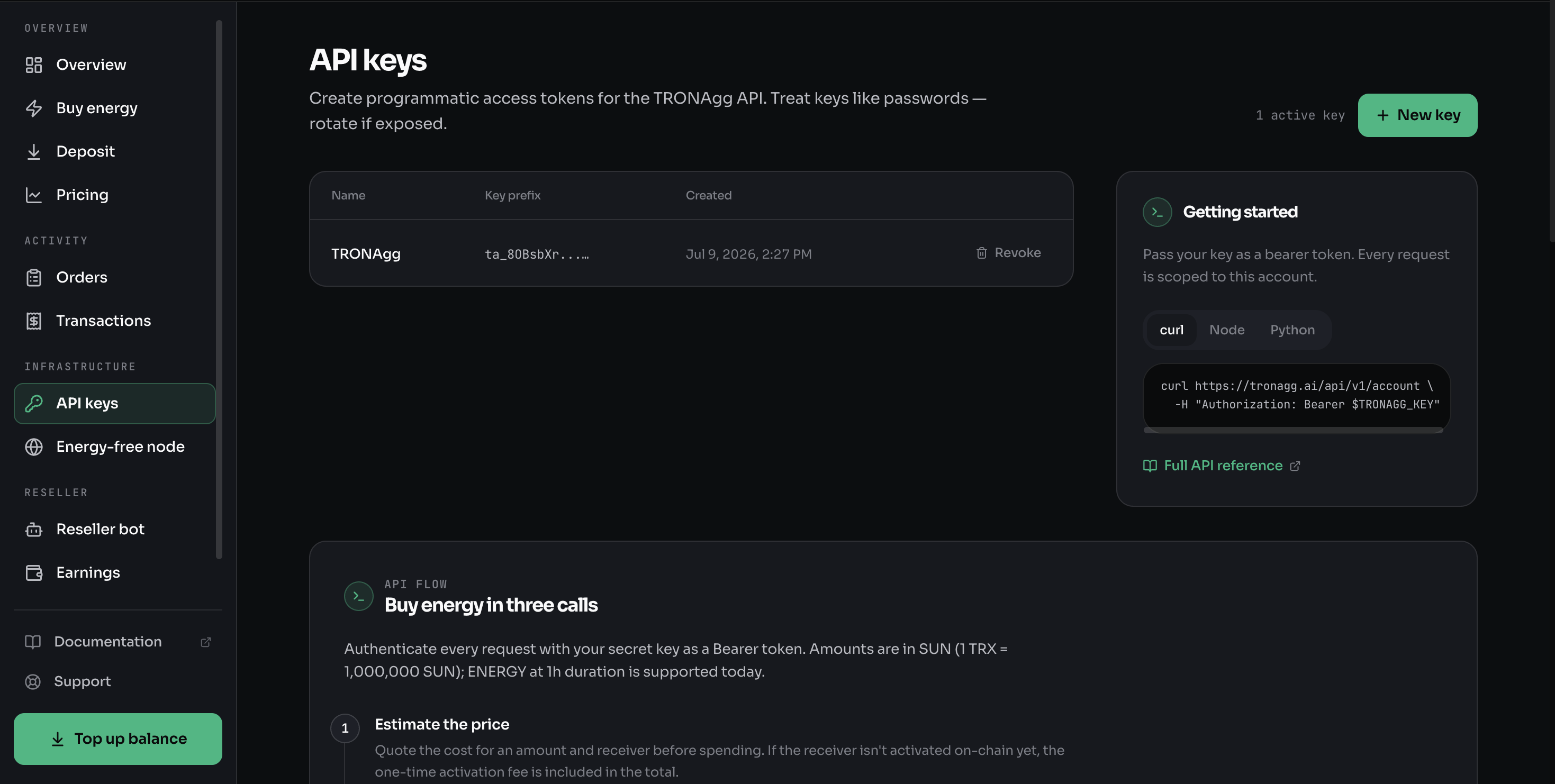 The Workspace API keys screen — create and manage the keys your integration uses to authenticate.