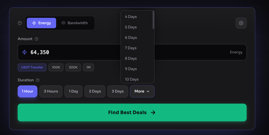 Duration selector on the TronAgg search form