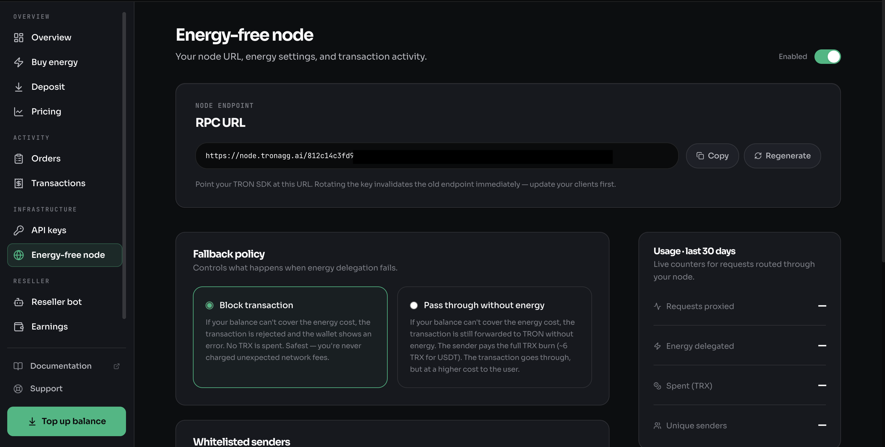 The Energy-Free Node screen in the Workspace — your node URL, fallback policy, and usage stats.