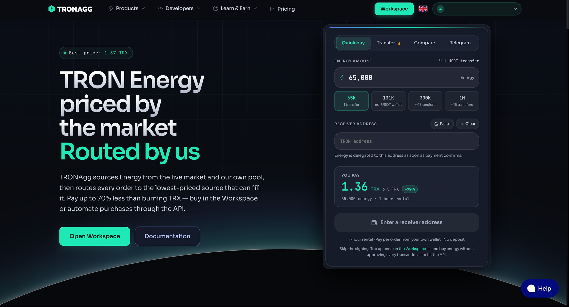 The TRONAgg home page: Quick buy pricing a 65,000 Energy / 1-hour order at 1.36 TRX — 79% less than burning TRX.