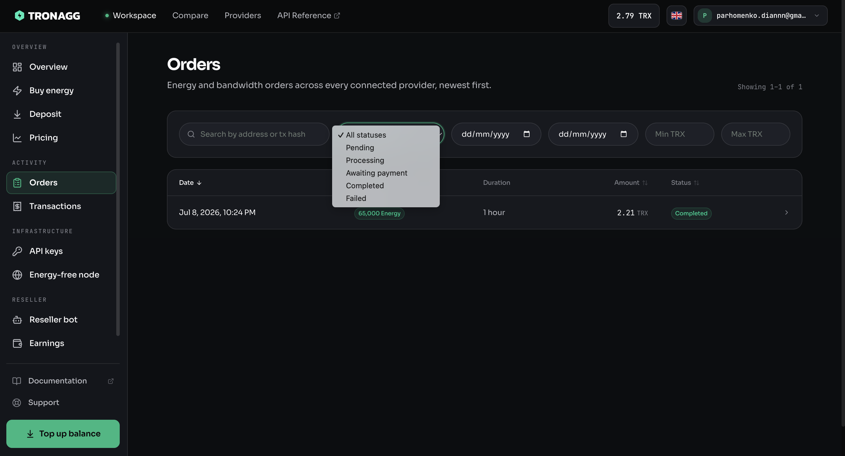 My Orders page — track all your energy purchases