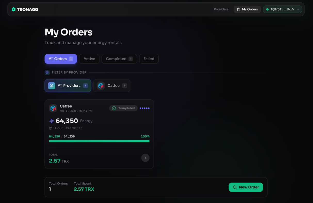 My Orders page — track all your energy purchases