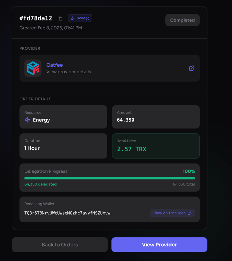 Order details — provider, amount, duration, status, and more
