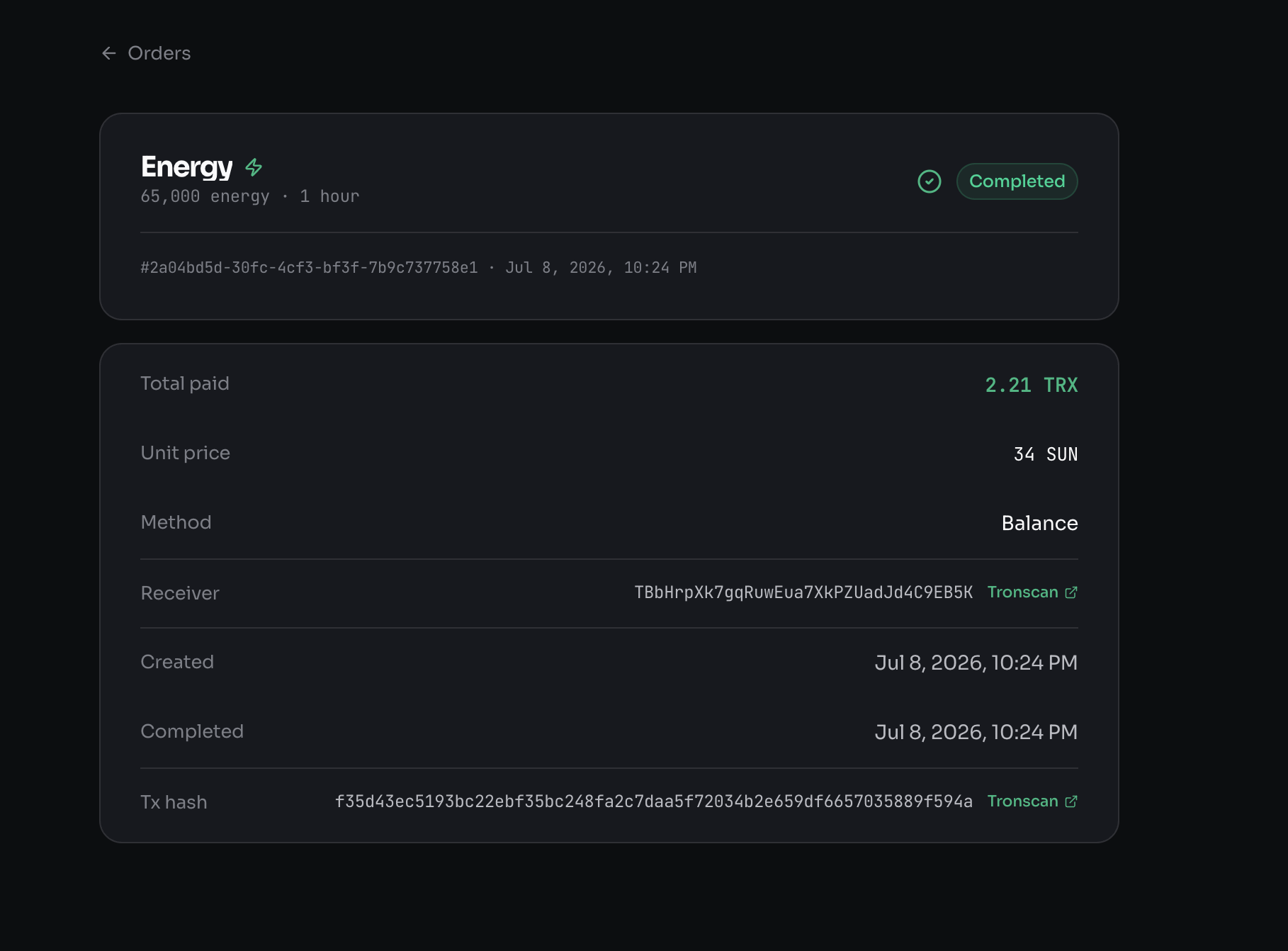 Order details — resource, amount, duration, status, total paid, unit price, receiver, timestamps, and transaction hash