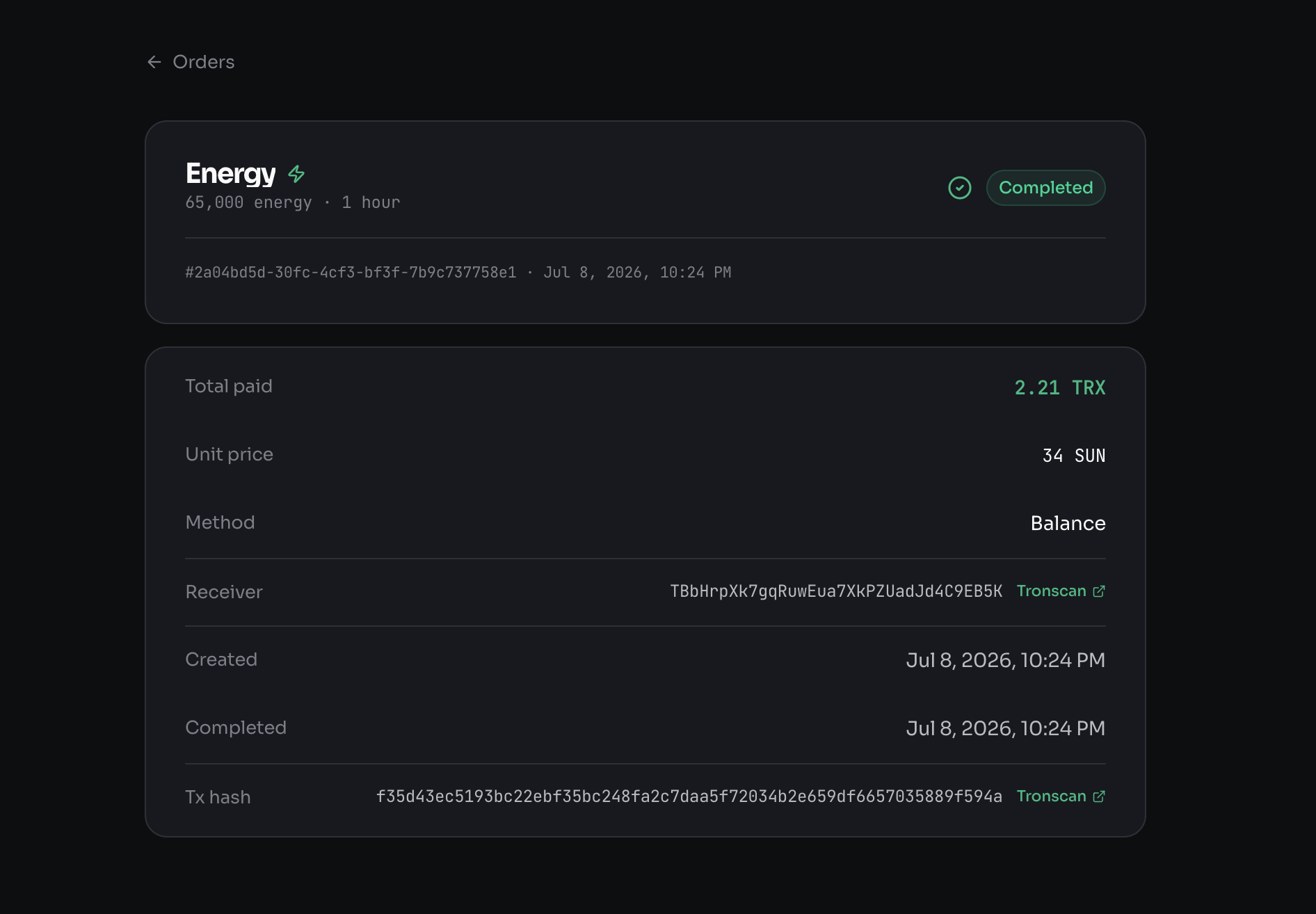 A completed energy order — 65,000 Energy for 1 hour, 2.21 TRX paid at 34 SUN, with the order ID, receiver address, and on-chain transaction hash linked to Tronscan.