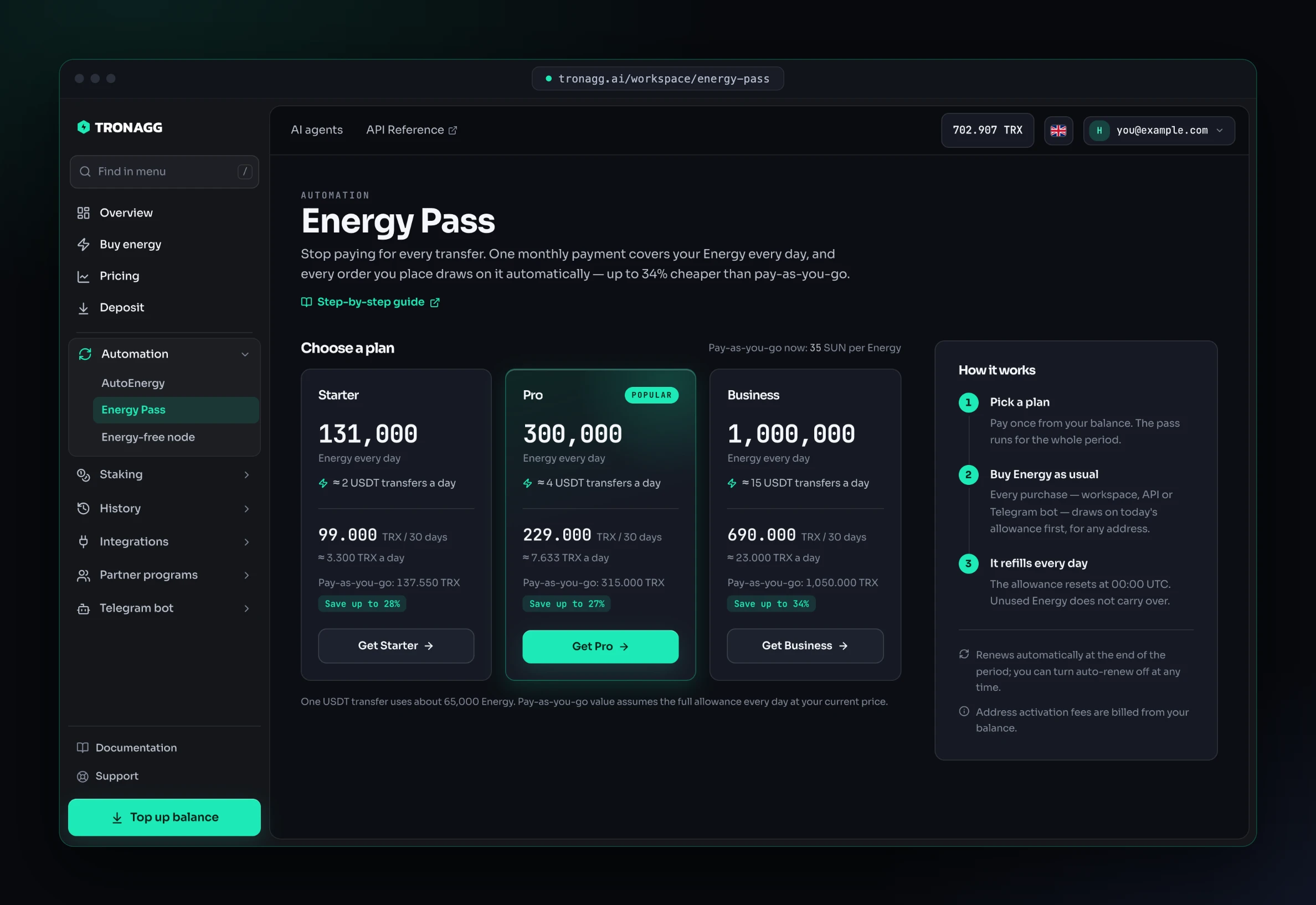The Energy Pass page before you buy a pass: three plans with their daily Energy, price per 30 days, price per day, pay-as-you-go value and saving, and a How it works card.