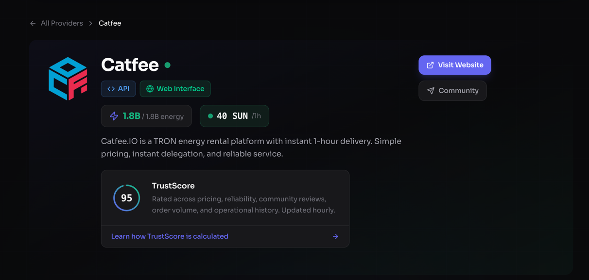 Provider card close-up — price, TrustScore, fill %, and badges
