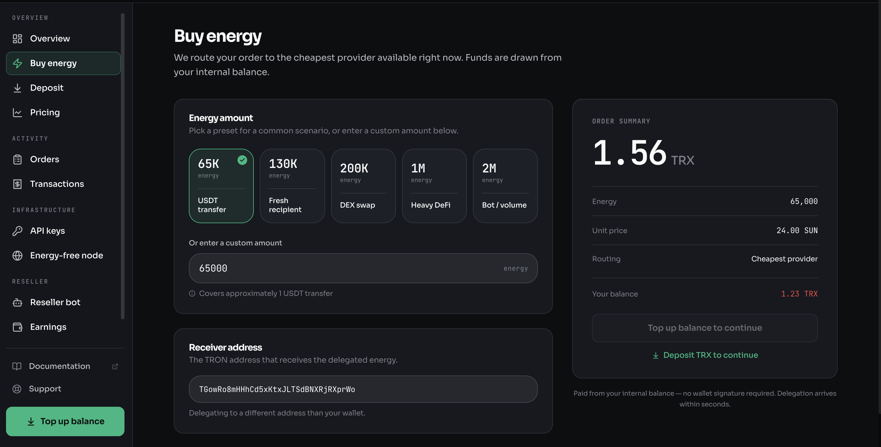 The Buy energy screen — amount presets, receiver address, and the order summary that routes to the cheapest provider.