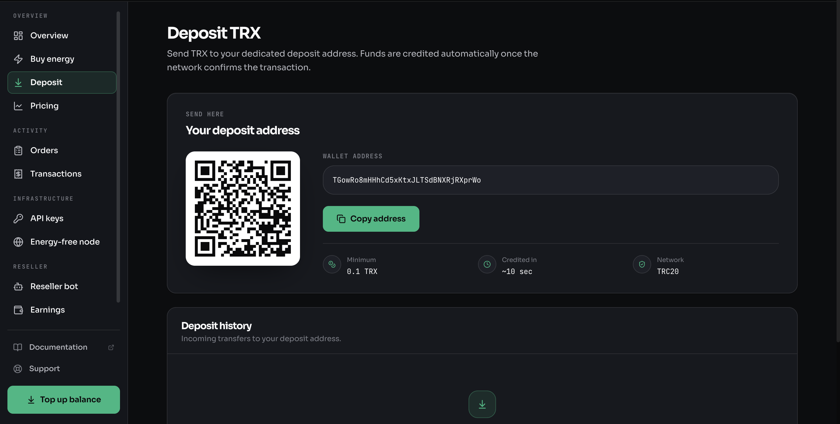 The Deposit TRX screen — your dedicated deposit address, QR code, and Copy address.