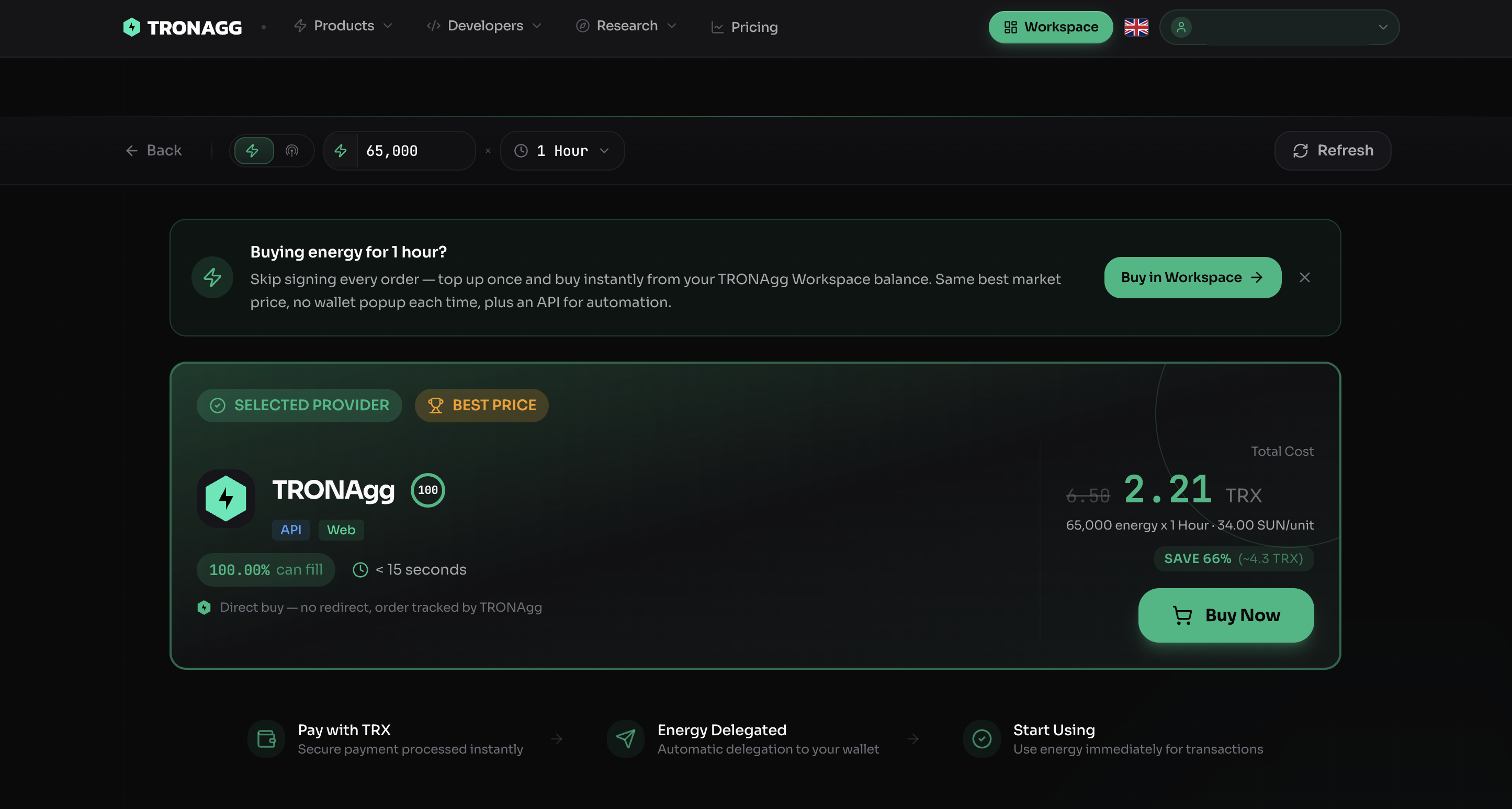 The TRONAgg Workspace showing the selected best-price provider for a 65,000 Energy / 1-hour order — 2.21 TRX, a 66% saving versus burning TRX, delivered in under 15 seconds.