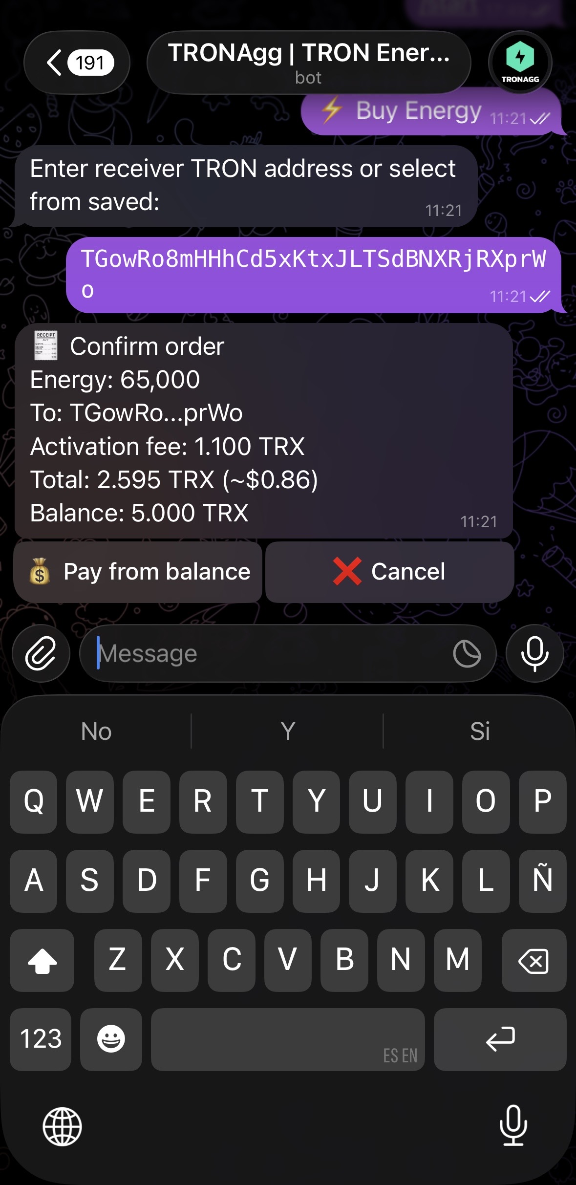 TRONAgg Telegram bot — enter the receiver address, then confirm the order and pay from your balance