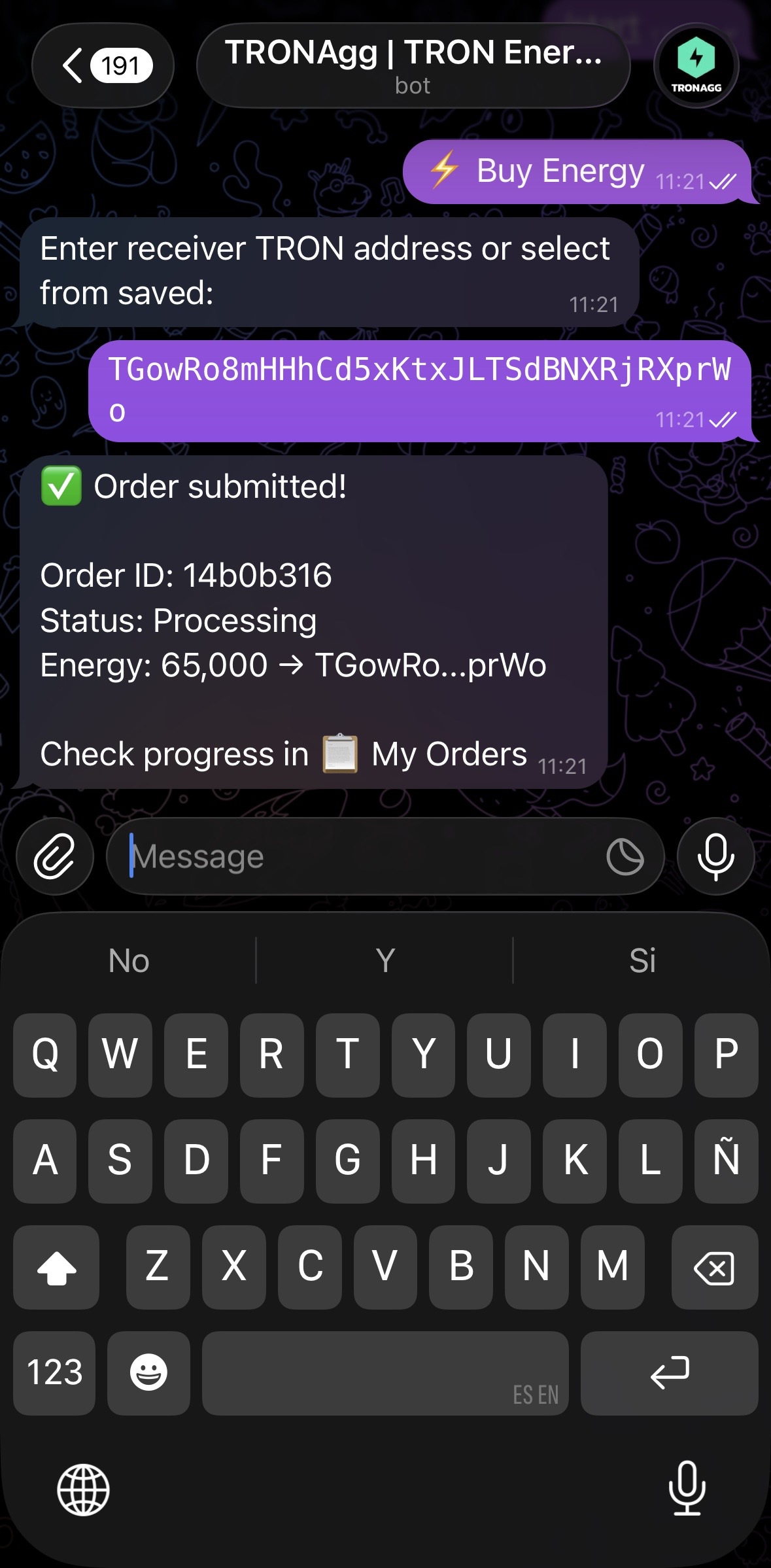 TRONAgg Telegram bot — order submitted, with an order ID and status you can track in My Orders