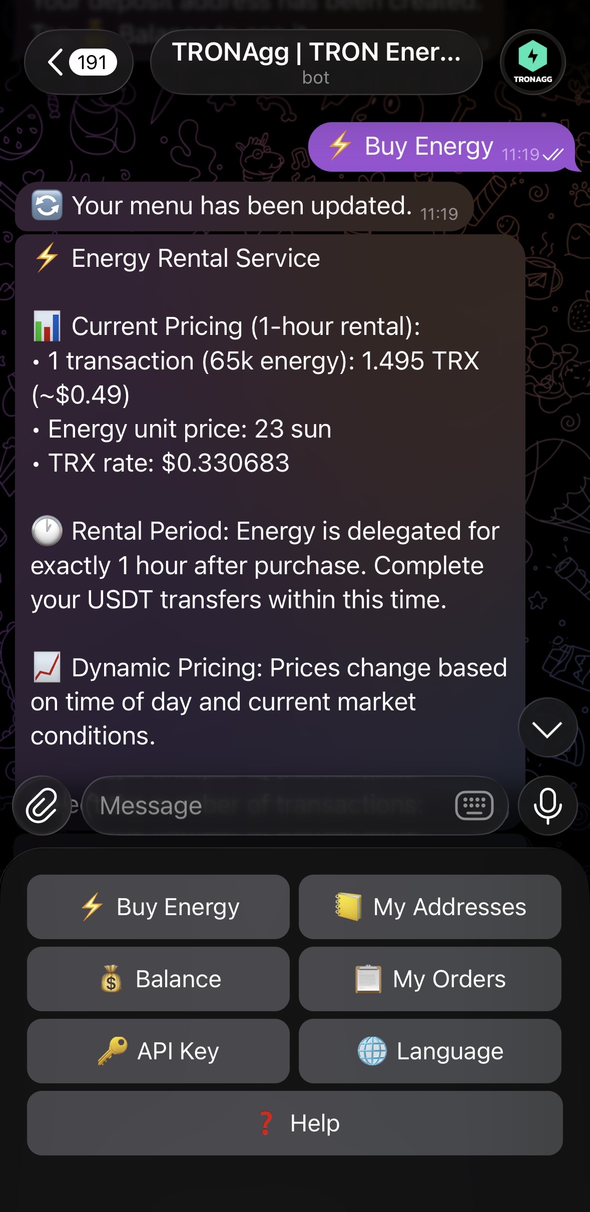 TRONAgg Telegram bot — the Energy Rental menu with live pricing and the main actions