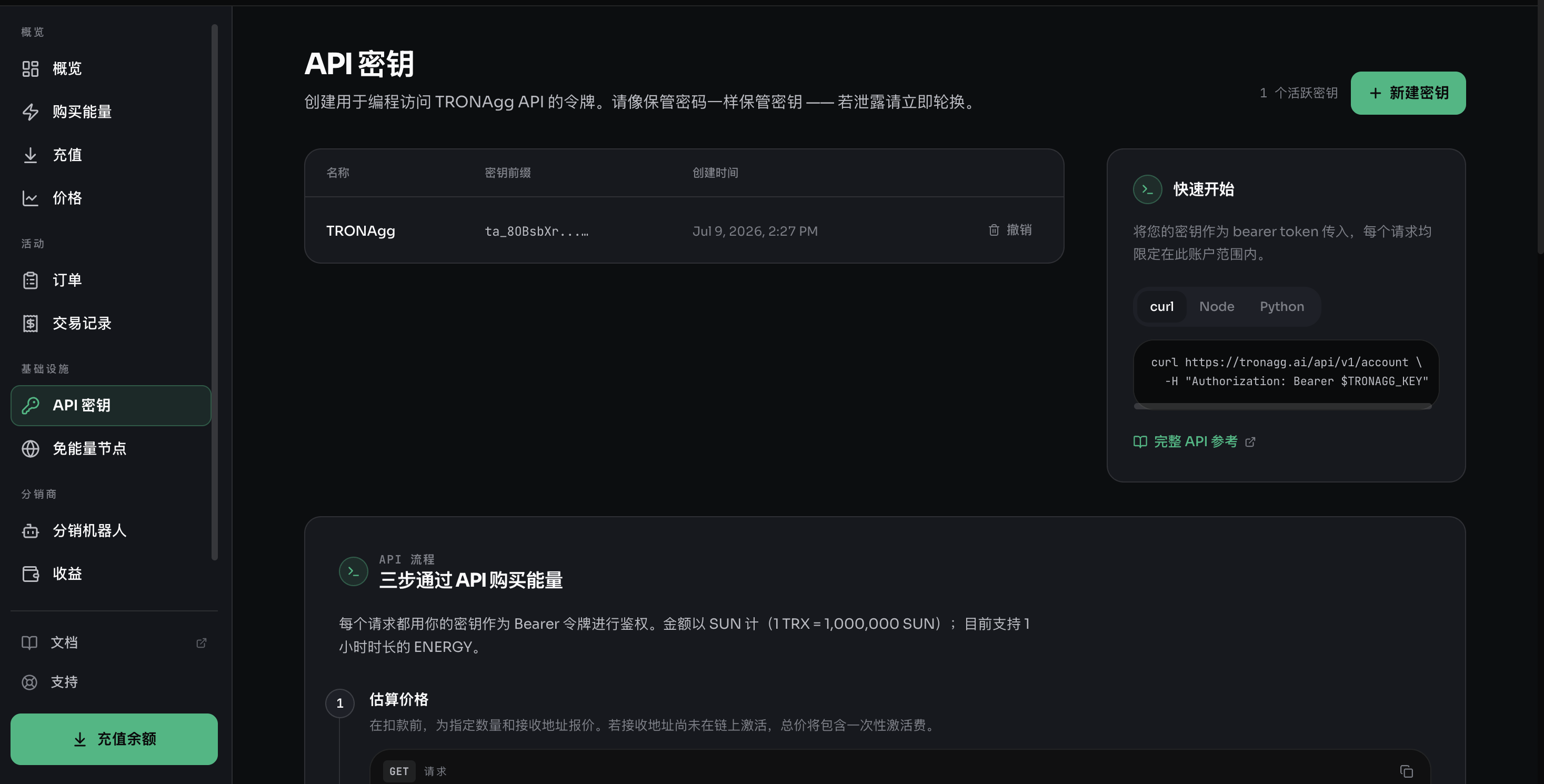 Workspace API 密钥页面——创建和管理你的集成用于认证的密钥。