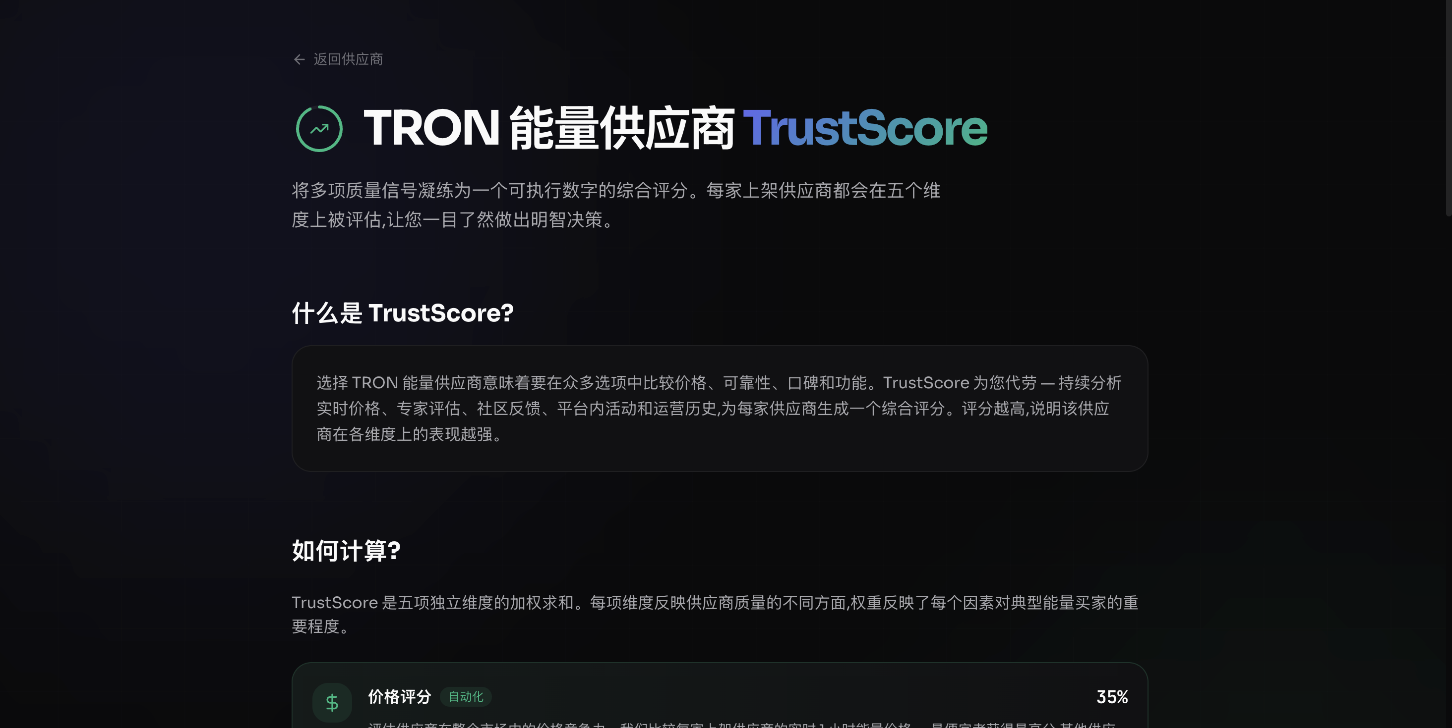 公开的 TrustScore 页面——一个综合的 0–100 评分,从五个维度为每家上架供应商打分:价格、可靠性、在线率、交付速度和历史记录。
